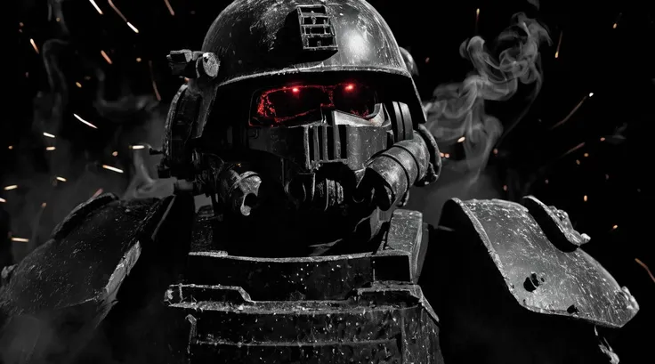 William Kentridge, a stern and strong general of an assault squad of space marines, heavy armor, removed helmet, stern face, detailed background, power, bursts of magical power, blood, ruins, shots, smoke, particles, <lora:SDXL_Black_Sa_May:0.8> black <lora:blacklight_makeup_v2:0.2> blacklight makeup