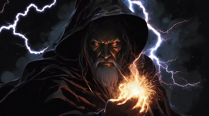 Brian Sum, old dark wizard, concentrates destructive magic, destroys the earth beneath her, explosion of energy, lightning, fire, super strength, evil face <lora:SDXL_Black_Sa_May:0.8> black