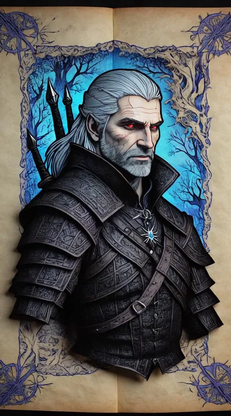 The Witcher, <lora:ParchartXL-1.5:0.8> on parchment, kirigami illustration, <lora:SDXL_Black_Sa_May:0.4> black <lora:blacklight_makeup_v2:0.1> blacklight makeup