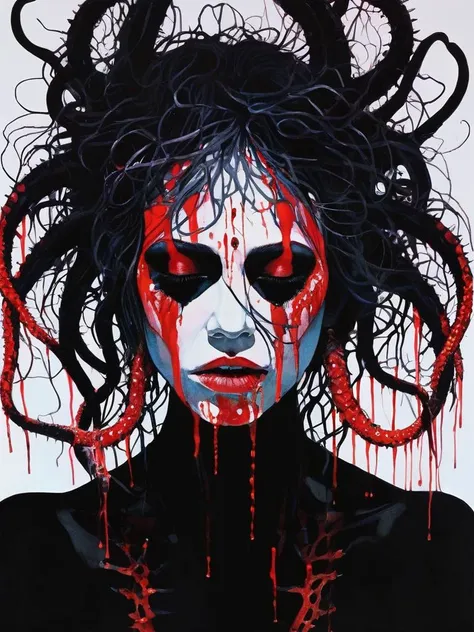 Conrad Roset, a mad deity performs his bloody ritual, tentacles with spikes envelop everything around, gloomy, frightening, terrifying <lora:SDXL_Black_Sa_May:0.6> black <lora:blacklight_makeup_v2:0.2> blacklight makeup