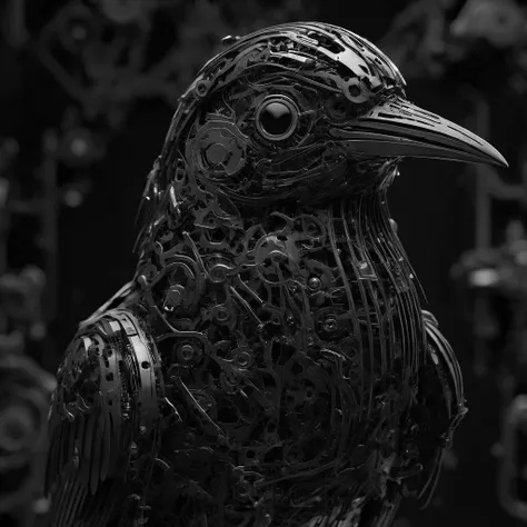 a close up of a bird, mechanical bird, 8K artstation trending, highly detailed, <lora:SDXL_black_and_white_line_Sa_May:0.8> black and white line , unreal room with black and white line, <lora:SDXL_Black_Sa_May:0.8> black