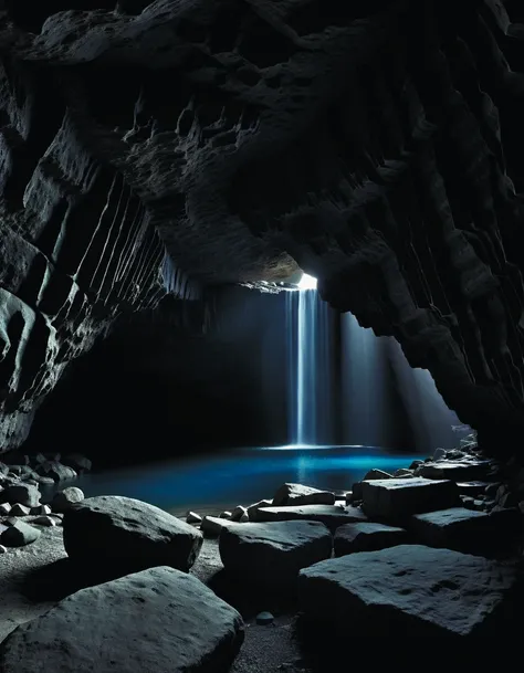 inside of gigant a cave that the shape resembles rib cage,sheer rock,cristal blue lake,hyper realism,octane asi,8k,post-processing,by diegocr,rugged,extremely moody black and white photograph of ruins,<lora:add-detail-xl:1.6>,<lora:SDXL_Black_Sa_May:0.8>