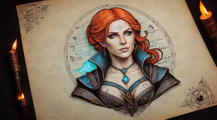 Triss Merigold the witcher, <lora:ParchartXL-1.5:0.8> on parchment, kirigami illustration, <lora:SDXL_Black_Sa_May:0.4> black <lora:blacklight_makeup_v2:0.1> blacklight makeup
