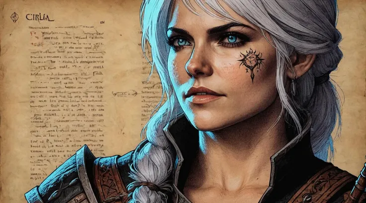Cirilla the witcher, <lora:ParchartXL-1.5:0.8> on parchment, pixel illustration, <lora:SDXL_Black_Sa_May:0.4> black <lora:blacklight_makeup_v2:0.1> blacklight makeup