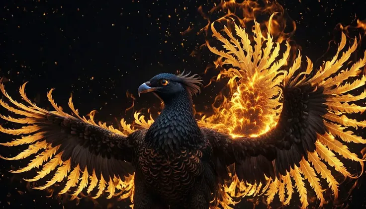 Majestic close-up of a black phoenix, fiery feathers radiating an ethereal light, its golden eye reflecting the promise of rebirth, 6k resolution, the fiery plumage almost dancing with intensity and life,  unaestheticXLv13,  <lora:SDXL_Black_Sa_May:1>