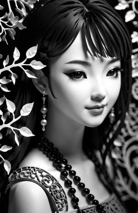 Stacked papercut art of A close-up black portrait photograph of a beautiful young ancient Chinese female student, with perfect face and hair, focused on her bright, wearing Chinese-style jewelry., engaging smile, black colors, crisp and clean lines, trending on fashion and beauty websites, sharp focus,<lora:SDXL_Black_Sa_May:1> . 3D, layered, dimensional, depth, precision cut, stacked layers, papercut, high contrast