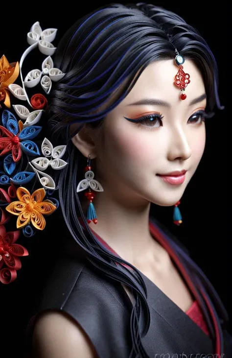 Paper quilling art of A close-up black portrait photograph of a beautiful young ancient Chinese female student, with perfect face and hair, focused on her bright, wearing Chinese-style jewelry., engaging smile, black colors, crisp and clean lines, trending on fashion and beauty websites,  sharp focus,<lora:SDXL_Black_Sa_May:1> . Intricate, delicate, curling, rolling, shaping, coiling, loops, 3D, dimensional, ornamental