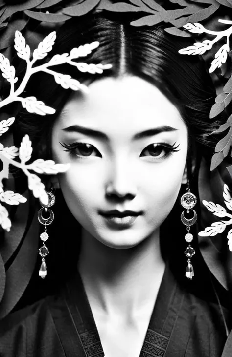 Papercut collage of A close-up black portrait photograph of a beautiful young ancient Chinese female student, with perfect face and hair, focused on her bright, wearing Chinese-style jewelry., engaging smile, black colors, crisp and clean lines, trending on fashion and beauty websites, sharp focus,<lora:SDXL_Black_Sa_May:1> . Mixed media, textured paper, overlapping, asymmetrical, abstract, vibrant
