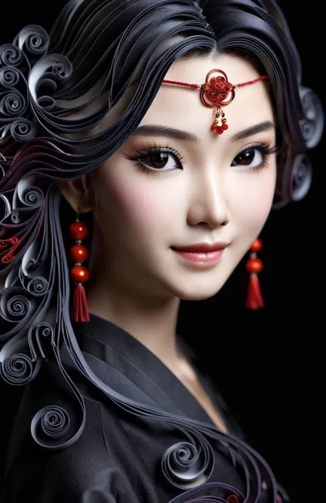 Paper quilling art of A close-up black portrait photograph of a beautiful young ancient Chinese female student, with perfect face and hair, focused on her bright, wearing Chinese-style jewelry., engaging smile, black colors, crisp and clean lines, trending on fashion and beauty websites, sharp focus,<lora:SDXL_Black_Sa_May:1> . Intricate, delicate, curling, rolling, shaping, coiling, loops, 3D, dimensional, ornamental