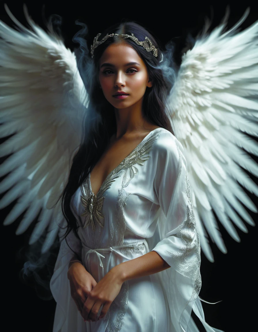 ultra-detailed and realistic close portrait RAW photo of cute beautiful indigenous visionary woman with silky straight black hair wearing silky white robes,winged angel wings,Whirling smoke swirling in the wind,esoteric,photorealistic,no blur,4k resolution,ultra detailed,style of <lora:RPGAngelsXL:0.6> <lora:SDXL_Black_Sa_May:0.8> <lora:add-detail-xl:1.4>,angel