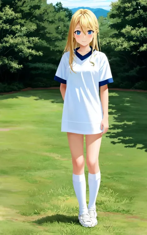 <lora:gs_priestess:0.3:lbw=NP> gs_priestess kawaii petit cute 1girl, blonde hair, very long hair, sidelock, bang hair, between eyes, blue eyes, eyelashes, medium breasts, thigh skindantation Overjoyed, <lora:_TrueBuruma:0.4:lbw=DF> blue buruma, white gym_uniform, white high socks white shoes