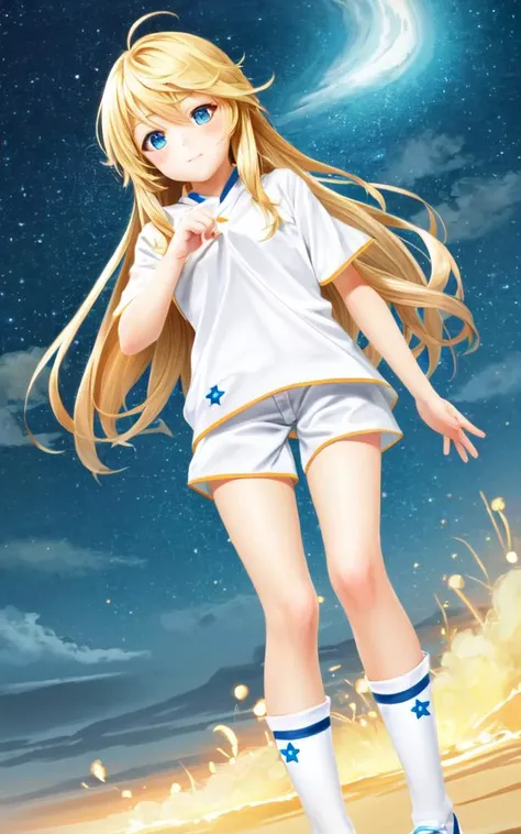A 16-year-old female anime character named Natalie from Epic Battle Fantasy is pictured posing for a concept art photo. She has long hair and is wearing purple shorts with long, flowing clothes that accentuate her natural pose. The full body concept showcases her clear outfit design and overall appearance as a humanoid fursona. This anime woman's full body art is a great example of detailed outfit design for any anime-styled character.