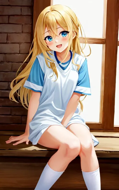 <lora:gs_priestess:0.3:lbw=NP> gs_priestess kawaii petit cute 1girl, blonde hair, very long hair, sidelock, bang hair, between eyes, blue eyes, eyelashes, medium breasts, thigh skindantation Overjoyed, <lora:_TrueBuruma:0.4:lbw=DF> aqua buruma, white gym_uniform, white high socks white shoes