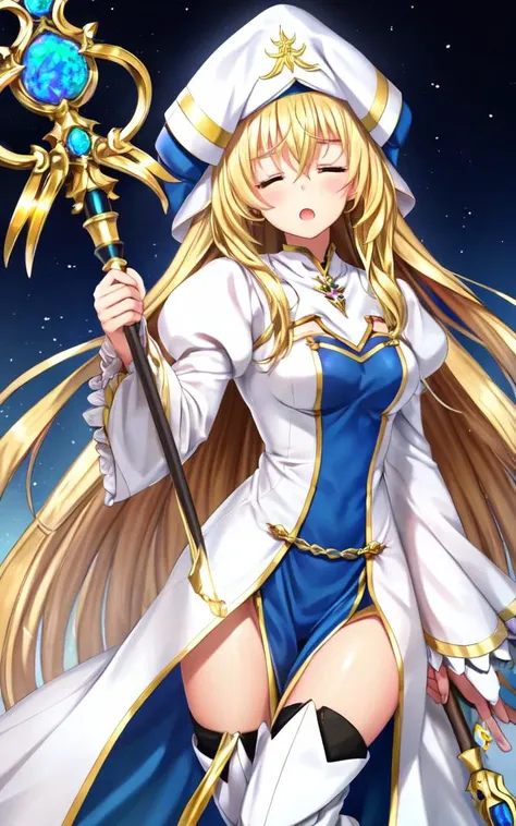 <lora:gs_priestess:0.7:lbw=NP> gs_priestess kawaii petit cute 1girl, blonde hair very long hair sidelock bang hair between eyes, blue eyes eyelashes thick eyebrows, medium breasts, thigh skindantation +++ own hands together, closed eyes :o +++ white headwear, white long robe center blue mluticolor ware puffy sleeves long sleeves hime-sode frills, jewel, black underware white thigh boots, holding staff, staff, +++ extremely quality extremely detailed deep-silky-healthy-lackwarm-foundational-soft-skin high resolution, contrapposto glow shine like opal magnificent photo realistic ray trace depth of field <lora:_flat2:-0.45:lbw=ALL> <lora:_hipoly3DModelLora_v20:0.3:lbw=NF> hiqcgbody ++ Faint lips,UC:realistic, cinematic lighting cinematic angle at the front dynamic pose, rose garden fantastic strong light wind light coming in, (royal garden rose:1.5) many rose, British Garden Rose Arch