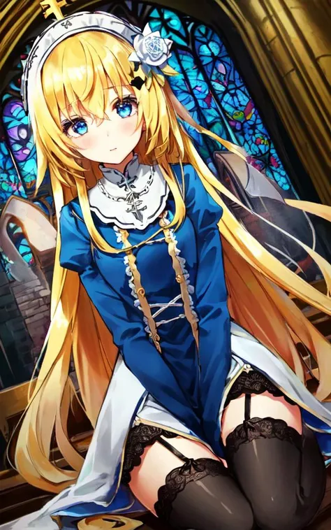 <lora:gs_priestess:0.5:lbw=NP> gs_priestess kawaii petit cute 1girl, blonde hair very long hair sidelock bang hair between eyes, blue eyes eyelashes thick eyebrows, medium breasts, thigh skindantation +++ own hands together, closed eyes :o  +++, extremely detailed character, (an extremely delicate and beautiful), solo focus, straight-on, dramatic angle, depthoffield, (expressionless languorous cute, beautiful detailed eyes lower eyelashes eyelashes, intricate:1.3 ((Gothic )) ((Frilled)) dress,skirt, Headdress, bowknot, (((hair ornament))), hair flower, eyeliner skindantation black fishnet_pantyhose, garter straps, Lace, cross-laced footwear, frilled blouse ribbon-trimmed sleeves), bloomers [background(building architecture, stained glass ((gothic architecture)) church, (castle), [fantasy])] stained glass candlestick chain iron prison, St. Peter's Basilica, vachican