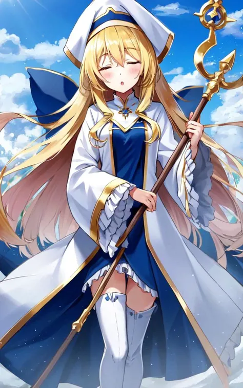 <lora:gs_priestess:0.5:lbw=NP> gs_priestess kawaii petit cute 1girl, blonde hair very long hair sidelock bang hair between eyes, blue eyes eyelashes thick eyebrows, medium breasts, thigh skindantation +++ own hands together, closed eyes :o +++ black underware, white headwear, white long robe center blue mluticolor ware puffy sleeves long sleeves hime-sode frills, jewel, white thigh boots, holding staff