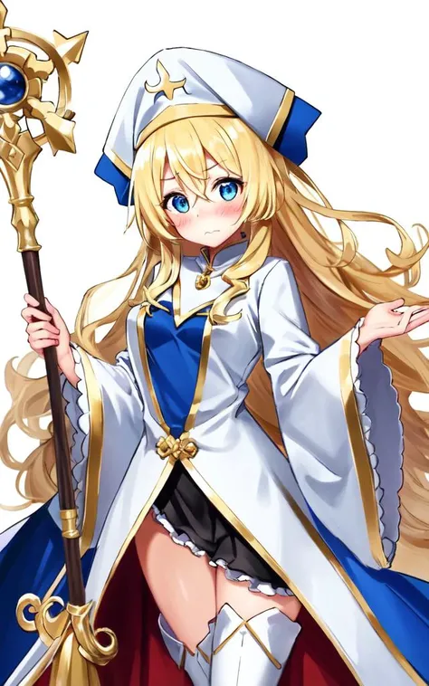 <lora:gs_priestess:0.7:lbw=NP> gs_priestess kawaii petit cute 1girl, blonde hair very long hair sidelock bang hair between eyes, blue eyes eyelashes thick eyebrows, medium breasts, thigh skindantation +++ ;p +++ black underware, white headwear, white long robe center blue mluticolor ware puffy sleeves long sleeves hime-sode frills, jewel, white thigh boots, holding staff