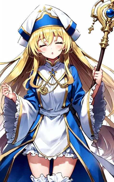 <lora:gs_priestess:0.5:lbw=NP> gs_priestess kawaii petit cute 1girl, blonde hair very long hair sidelock bang hair between eyes, blue eyes eyelashes thick eyebrows, medium breasts, thigh skindantation +++ own hands together, closed eyes :o +++ black underware, white headwear, white long robe center blue mluticolor ware puffy sleeves long sleeves hime-sode frills, jewel, white thigh boots, holding staff