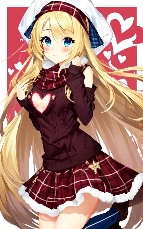 <lora:gs_priestess:0.3:lbw=NP> gs_priestess kawaii petit cute 1girl, blonde hair, very long hair, sidelock, bang hair, between eyes, blue eyes, eyelashes, medium breasts, thigh skindantation Joyful blush, deep burgundy sweater, heart cutout amber plaid_skirt slouch socks short boots