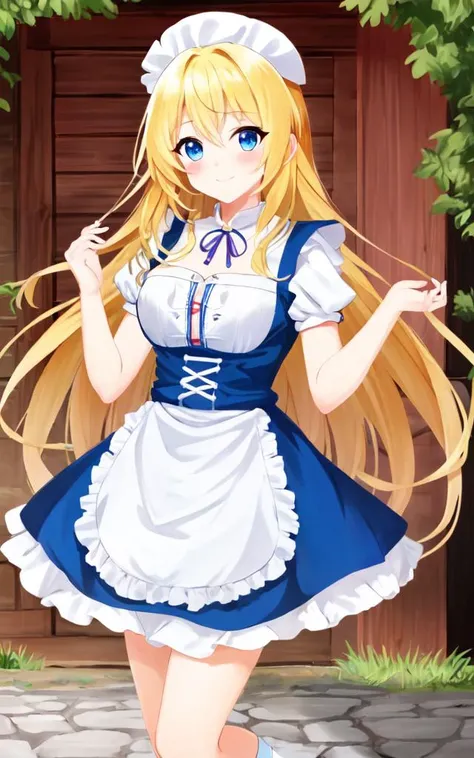 <lora:gs_priestess:0.3:lbw=NP> gs_priestess kawaii petit cute 1girl, blonde hair, very long hair, sidelock, bang hair, between eyes, blue eyes, eyelashes, medium breasts, thigh skindantation smile blush, red dirndl, apron, white blouse  ankle socks trainers