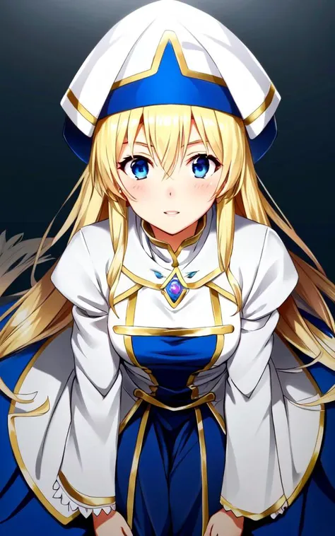 <lora:gs_priestess:0.6> gs_priestess kawaii petit cute 1girl, blonde hair very long hair sidelock bang hair between eyes, blue eyes eyelashes thick eyebrows, medium breasts, thigh skindantation ;p black underware, white headwear, white long robe center blue mluticolor ware puffy sleeves long sleeves hime-sode frills, jewel, white thigh boots, holding staff, on back, handstand, wide shot from above sitting , extremely quality extremely detailed deep-silky-healthy-lackwarm-foundational-soft-skin, illustration high resolution, contrapposto glow shine like opal, Faint lips,UC:realistic cute anime face cinematic angle human at the front dynamic pose