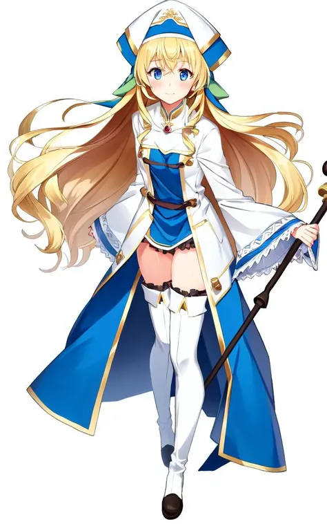 <lora:gs_priestess:0.8> gs_priestess kawaii petit cute 1girl, blonde hair very long hair sidelock bang hair between eyes, blue eyes eyelashes thick eyebrows, medium breasts, thigh skindantation wavy mouth smile blush  black underware, white headwear, white long robe center blue mluticolor ware puffy sleeves long sleeves hime-sode frills, jewel, white thigh boots, holding staff, selfie solo focus wide shot, index finger raised, full body , extremely quality extremely detailed deep-silky-healthy-lackwarm-foundational-soft-skin, illustration high resolution, contrapposto glow shine like opal, Faint lips,UC:realistic cute anime face cinematic angle human at the front dynamic pose