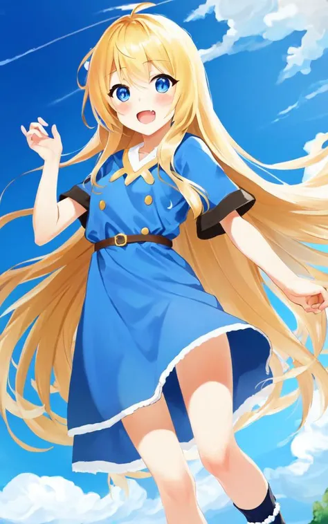 <lora:gs_priestess:0.3:lbw=NP> gs_priestess kawaii petit cute 1girl, blonde hair, very long hair, sidelock, bang hair, between eyes, blue eyes, eyelashes, medium breasts, thigh skindantation smile fang blush, sky blue overall, hazel T-shirt  loose socks full brogue
