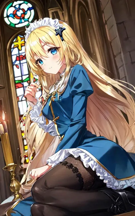 <lora:gs_priestess:0.5:lbw=NP> gs_priestess kawaii petit cute 1girl, blonde hair very long hair sidelock bang hair between eyes, blue eyes eyelashes thick eyebrows, medium breasts, thigh skindantation +++ ;p  +++, extremely detailed character, (an extremely delicate and beautiful), solo focus, straight-on, dramatic angle, depthoffield, (expressionless languorous cute, beautiful detailed eyes lower eyelashes eyelashes, intricate:1.3 ((Gothic )) ((Frilled)) dress,skirt, Headdress, bowknot, (((hair ornament))), hair flower, eyeliner skindantation black fishnet_pantyhose, garter straps, Lace, cross-laced footwear, frilled blouse ribbon-trimmed sleeves), bloomers [background(building architecture, stained glass ((gothic architecture)) church, (castle), [fantasy])] stained glass candlestick chain iron prison, St. Peter's Basilica, vachican