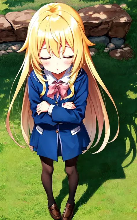 <lora:gs_priestess:0.5:lbw=NP> gs_priestess kawaii petit cute 1girl, blonde hair very long hair sidelock bang hair between eyes, blue eyes eyelashes thick eyebrows, medium breasts, thigh skindantation +++ own hands together, closed eyes :o +++, from above, full body , looking to the side, school uniform, brown long sleeve, sweater fishnet tights, school bag