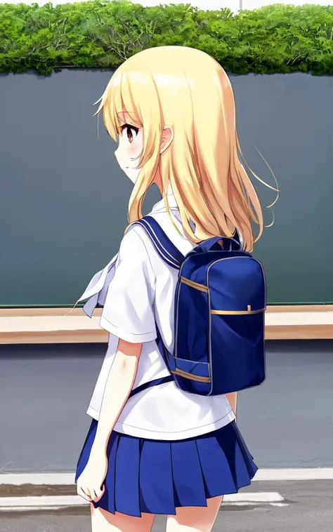 <lora:gs_priestess:0.3> gs_priestess 1girl, blonde hair, from behind, school uniform, brown short sleeve loose socks, school bag
