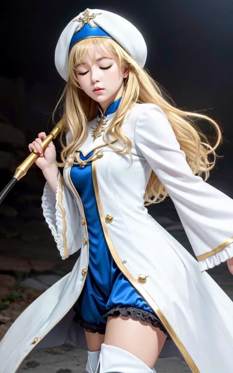 <lora:gs_priestess:0.7:lbw=NP> gs_priestess kawaii petit cute 1girl, blonde hair very long hair sidelock bang hair between eyes, blue eyes eyelashes thick eyebrows, medium breasts, thigh skindantation +++ own hands together, closed eyes :o +++ white headwear, white long robe center blue mluticolor ware puffy sleeves long sleeves hime-sode frills, jewel, black underware white thigh boots, holding staff, staff, +++ extremely quality extremely detailed deep-silky-healthy-lackwarm-foundational-soft-skin high resolution, contrapposto glow shine like opal magnificent photo realistic ray trace depth of field <lora:_flat2:-0.45:lbw=ALL> <lora:_hipoly3DModelLora_v20:0.3:lbw=NF> hiqcgbody ++ Faint lips,UC:realistic, cinematic lighting cinematic angle at the front dynamic pose, bare legs soles focus, fighting stance, looking back, cowboy shot