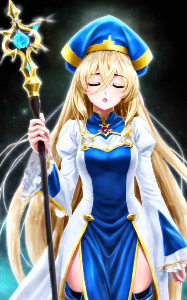 <lora:gs_priestess:0.7:lbw=NP> gs_priestess kawaii petit cute 1girl, blonde hair very long hair sidelock bang hair between eyes, blue eyes eyelashes thick eyebrows, medium breasts, thigh skindantation +++ own hands together, closed eyes :o +++ white headwear, white long robe center blue mluticolor ware puffy sleeves long sleeves hime-sode frills, jewel, black underware white thigh boots, holding staff, staff, +++ extremely quality extremely detailed deep-silky-healthy-lackwarm-foundational-soft-skin, illustration high resolution, contrapposto glow shine like opal, <lora:_flat2:-0.3:lbw=ALL> <lora:_hipoly3DModelLora_v20:0.3:lbw=NF> hiqcgbody ++ Faint lips,UC:realistic cute anime face cinematic angle at the front dynamic pose