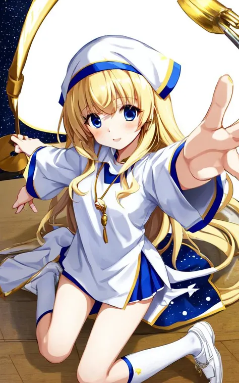 <lora:gs_priestess:0.4> gs_priestess 1girl, blonde hair, reaching out, <lora:_TrueBuruma:0.4:lbw=DF> starry print buruma, white gym_uniform, white high socks white shoes