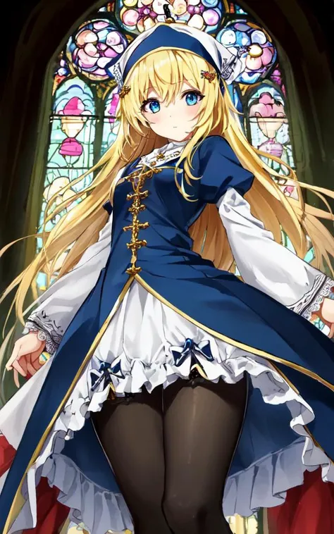 <lora:gs_priestess:0.5:lbw=NP> gs_priestess kawaii petit cute 1girl, blonde hair very long hair sidelock bang hair between eyes, blue eyes eyelashes thick eyebrows, medium breasts, thigh skindantation +++ ;p  +++, extremely detailed character, (an extremely delicate and beautiful), solo focus, straight-on, dramatic angle, depthoffield, (expressionless languorous cute, beautiful detailed eyes lower eyelashes eyelashes, intricate:1.3 ((Gothic )) ((Frilled)) dress,skirt, Headdress, bowknot, (((hair ornament))), hair flower, eyeliner skindantation black fishnet_pantyhose, garter straps, Lace, cross-laced footwear, frilled blouse ribbon-trimmed sleeves), bloomers [background(building architecture, stained glass ((gothic architecture)) church, (castle), [fantasy])] stained glass candlestick chain iron prison, St. Peter's Basilica, vachican