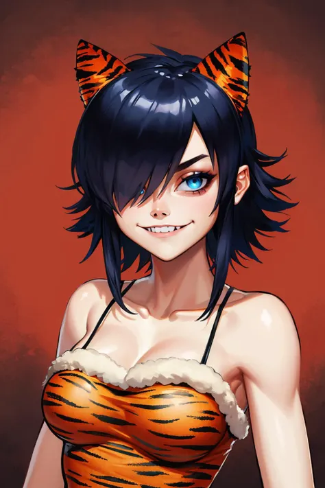 masterpiece, best quality,1girl, solo, looking at viewer, breasts,  <lora:noodlegorillaz-guy-v3:.95>, noodlegorillaz, black hair, collarbone, (tiger print:1.2), dress, tiger ears, fake animal ears, portrait, evil grin, hair over one eye, fur trim, abstract background, sleeveless, animal print, strapless dress, off shoulder,