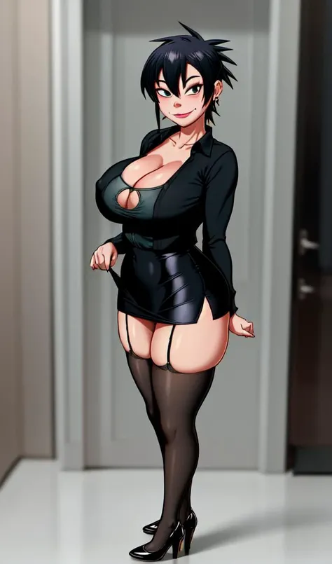 <lora:noodle_(gorillaz):0.6>, noodle (gorillaz), bare legs, masterpiece, best quality, highly detailed, 1girl, solo, huge ass, cleavage, smile, looking at viewer, collarbone, blush, hair over one eye, green eyes, hair between eyes, bangs, lips, lipstick, makeup, closed mouth, tomboy, bible black, Hiroko Takashiro, (mature female, milf:1.1), (curvy:1.1), standing near chalkboard, holding chalk, classroom, (full body shot:1.1), earrings, shirt, jacket, (black thighhighs, garter belt:1.1), zettai ryouiki, pencil skirt, school uniform, highheels, (Large Breasts:1.1), Cleavage, big ass, thighs, <lora:add_detail:0.5>