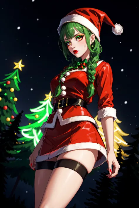 ela_(rainbow_six_siege), masterpiece, best quality, 1girl,solo, green hair, full body, big tits, big butt, voluptuous, open legs, sexy pose, cleavage, Christmas hat, Christmas Clothes, snow, christmas lingerie, christmas coat, christmas stockings, christmas heels