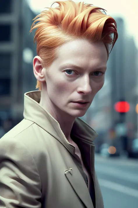 tilda cosplaying as david bowie, ziggy stardust, masterpiece, photo, eye contact, sexy, cyberpunk