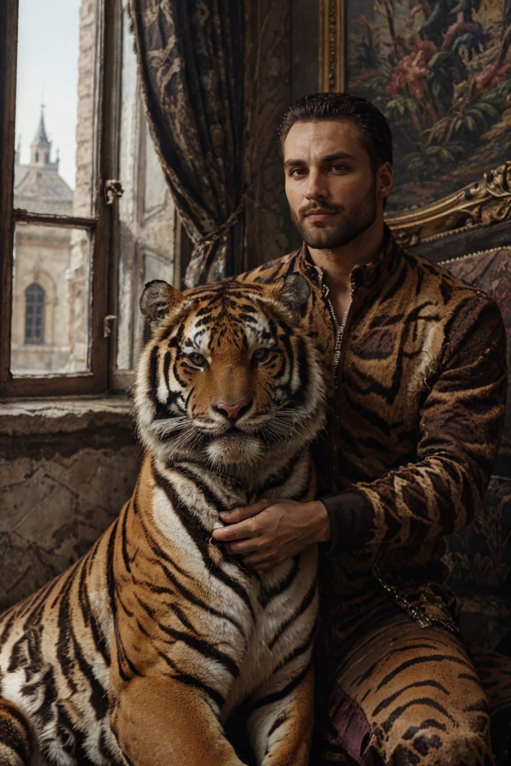 masterpiece,best quality, gigachad, man, king, castle background, sitting, purple outfit, solo, portrait, (looking at viewer),renaissance, <lora:tiger_v01_02:0.75>,animalstyle, (a man with a large tiger), <lora:gigachadDiffusionLora_v69:0.5>, <lora:epiCRealismHelper:1> <lora:epiNoiseoffset_v2Pynoise:1>