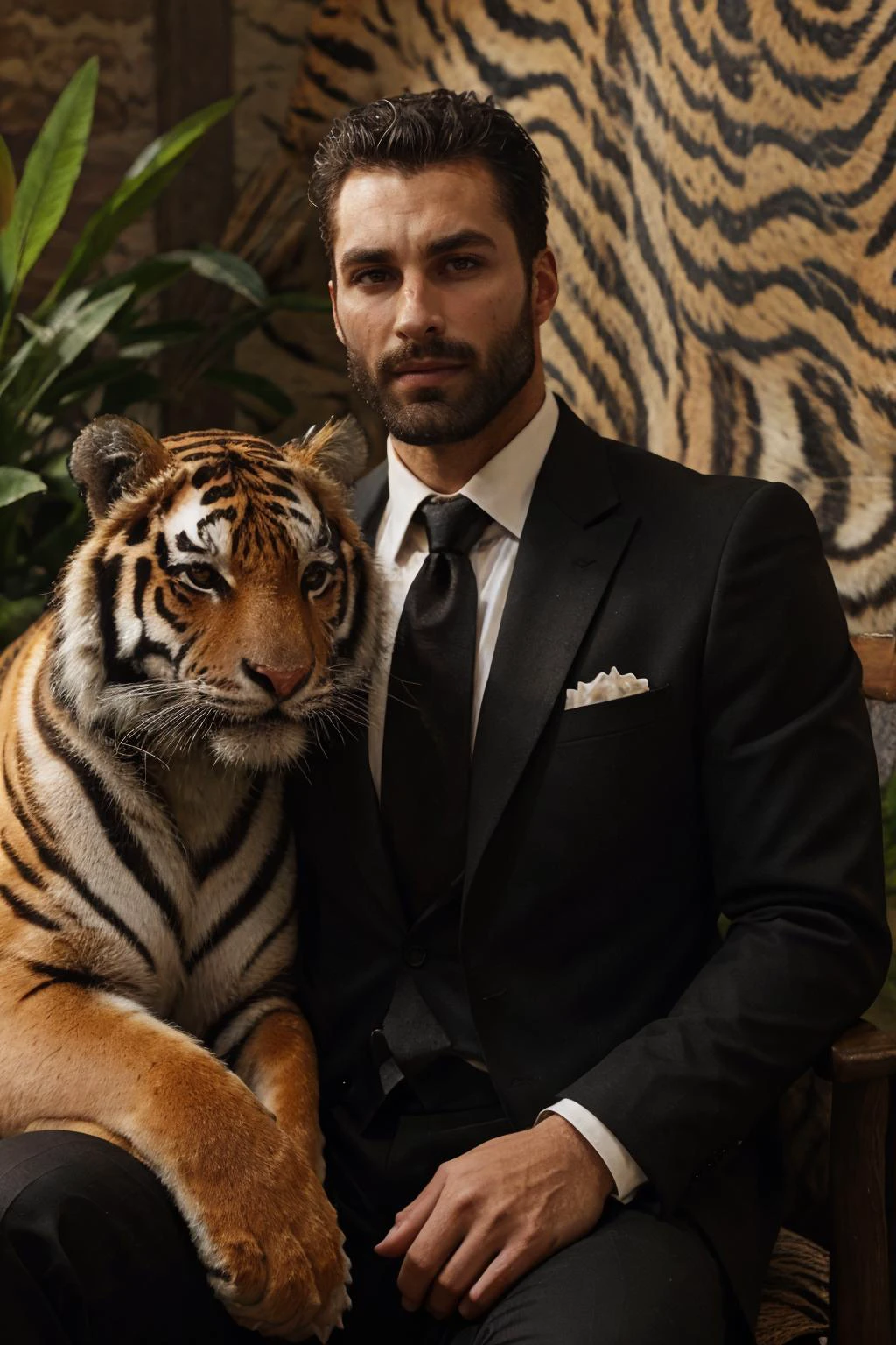 masterpiece,best quality, gigachad, man, solo,portrait,sit,(looking at viewer),renaissance, flower, suit and tie,plant,simple background,<lora:tiger_v01_02:0.6>,animalstyle, (a man next to large tiger), <lora:gigachadDiffusionLora_v69:0.6>, <lora:epiCRealismHelper:1> <lora:epiNoiseoffset_v2Pynoise:1>