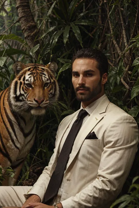 masterpiece,best quality, gigachad, man, jungle background, solo,portrait,sit,(looking at viewer),renaissance, flower, suit and tie,plant,simple background,<lora:tiger_v01_02:0.7>,animalstyle, (a man next to large tiger), <lora:gigachadDiffusionLora_v69:0.6>, <lora:epiCRealismHelper:1> <lora:epiNoiseoffset_v2Pynoise:1>