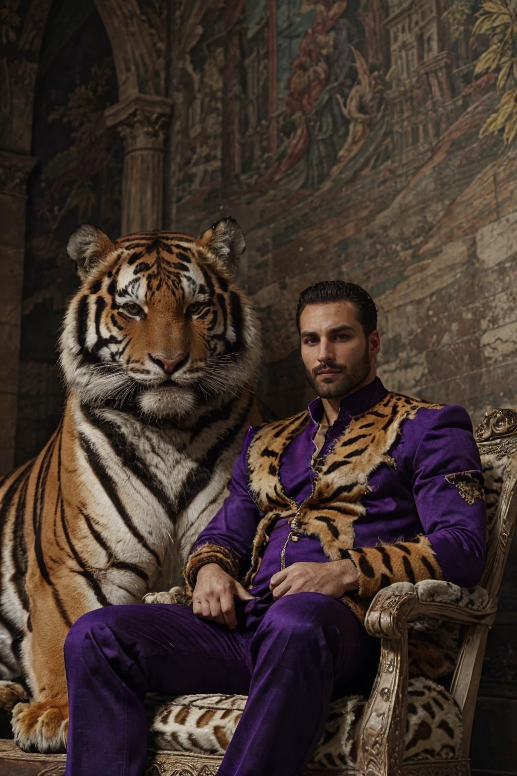 masterpiece,best quality, gigachad, man, king, castle background, sitting, purple outfit, solo, portrait, (looking at viewer),renaissance, <lora:tiger_v01_02:0.75>,animalstyle, (a man with a large tiger), <lora:gigachadDiffusionLora_v69:0.5>, <lora:epiCRealismHelper:1> <lora:epiNoiseoffset_v2Pynoise:1>