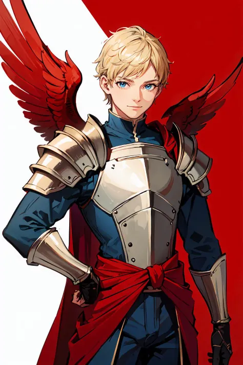 <lora:Kui_Ryouko_style_v03.15.15.01:0.5> red theme, phoenix,, ultra detailed, masterpiece, best quality, aesthetic, detailed,, solo, smile, 1boy, blue eyes, medium blonde hair, parted bangs, hair intakes, male focus, muscular male,, armor, pauldrons, cuirass, gauntlets, waist cape, greaves, black bodysuit, surcoat, shoulder sash, wing shoulder armor, cape, pants,