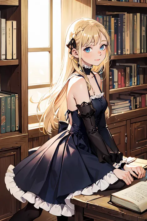 <lora:Kui_Ryouko_style_v03.15.15.01:0.8> sitting, from side, writing, book, (library:1.35), quill, ink,, ultra detailed, masterpiece, best quality, aesthetic, detailed,, solo, soft smile, light smile,
1girl, blue eyes, very long hair, blonde hair, long blonde hair, french braid, bangs, medium breasts,, hair ribbon, frilled choker, criss-cross halter, sleeveless dress, high-waist skirt, backless dress, waist bow, detached sleeves, frilled sleeves, wide sleeves, pantyhose, patterned legwear, mary janes,