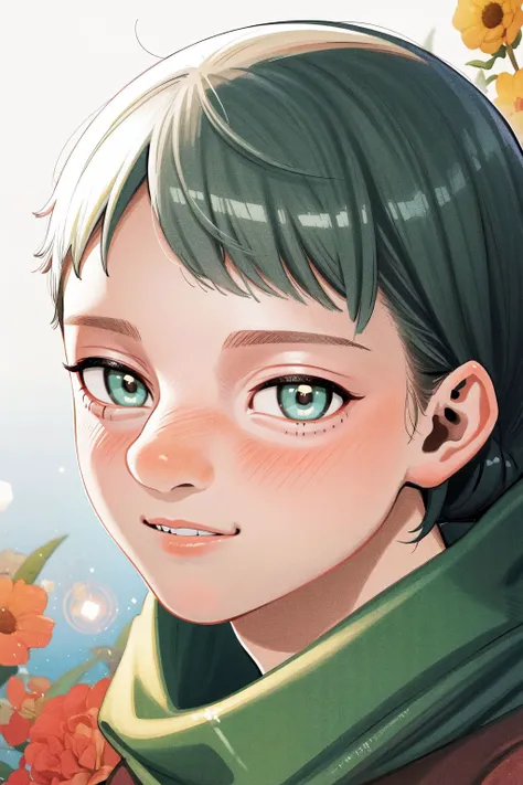 portrait, solo, 1boy, male, amused, dark green hair, fade, white eyes, lens flare, Lilly-of-the-Valley \(flower\), floral background <lora:Kui_Ryouko_style_v02.10.10.03:1>