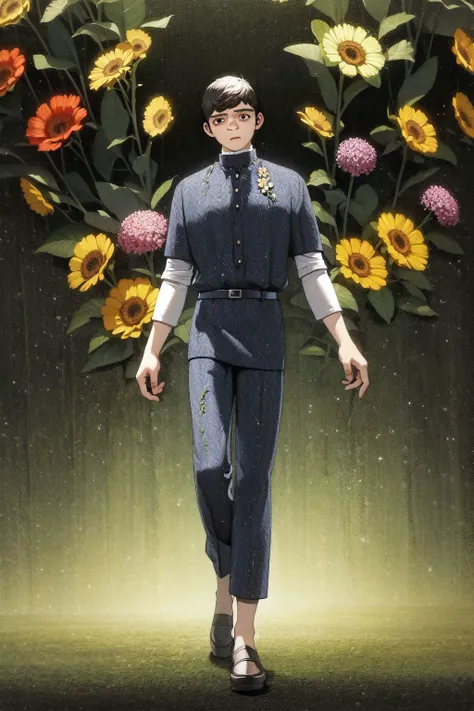 full body, solo, 1boy, male, thoughtful, brown hair, buzz cut, black eyes, backlighting, Ageratum \(flower\), floral background <lora:Kui_Ryouko_style_v02.10.10.03:1>