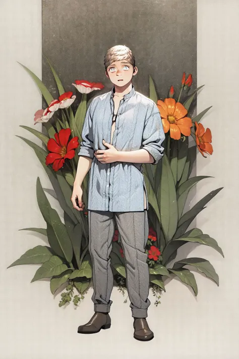 full body, solo, 1boy, male, shy, brown hair, mutton chops, light grey eyes, god rays, Polianthes_tuberosa \(flower\), floral background <lora:Kui_Ryouko_style_v02.10.10.03:1>