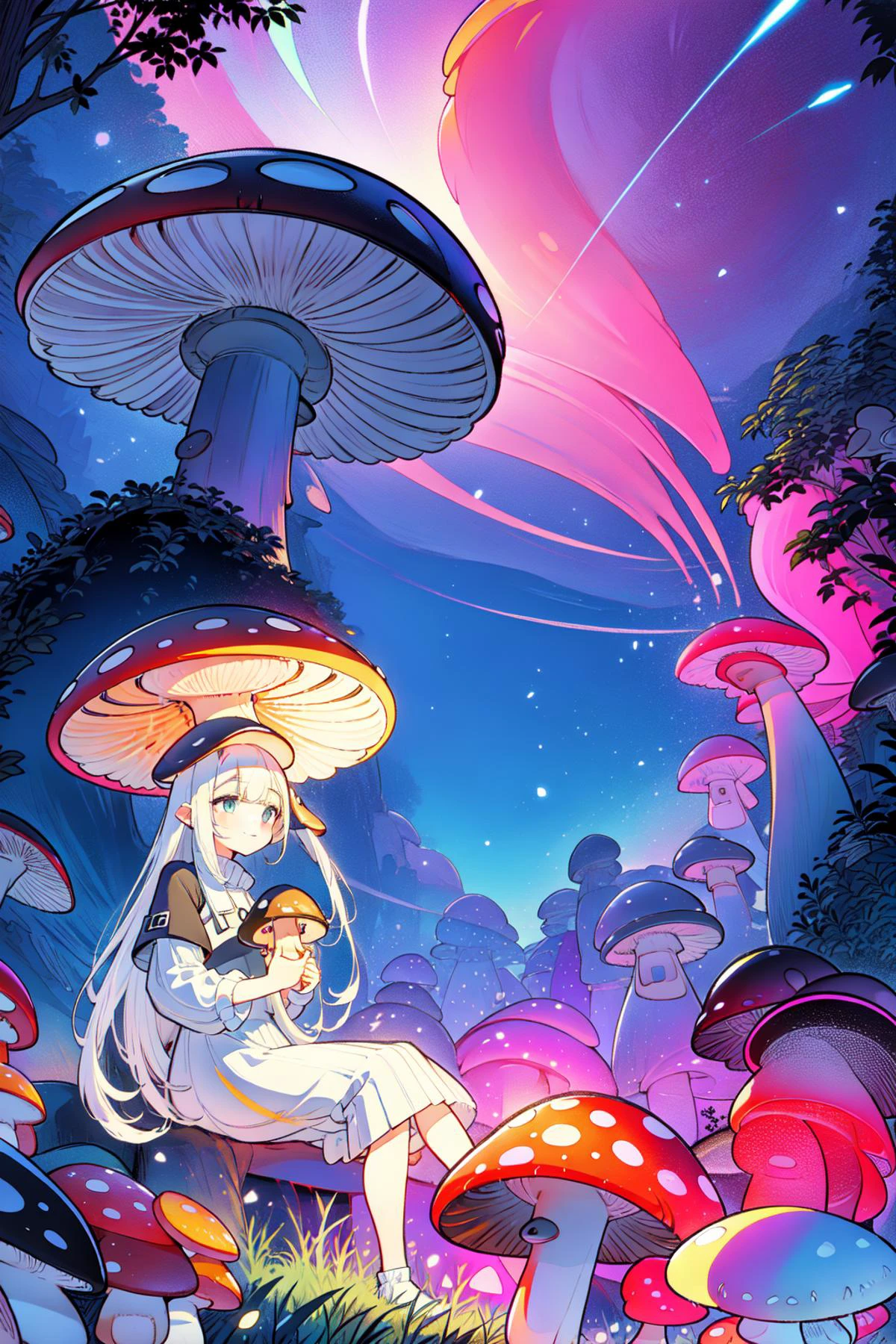 <lora:Mushroom_Girl:0.8> (1girl,solo,white hair,mushroom Girl:1.4), long hair, smile, perfect hands,perfect fingers,
extremely detailed CG unity 16k wallpaper,best quality,extreme quality,masterpiece,ultra-detailed,illustration,detailed light,an extremely delicate and beautiful,trim,incredibly absurdres,ray tracing,reflection light,
clear night sky,outside,beautiful,pretty,
mushrooms field, thousand of mushrooms, colorful mushrooms, mushrooms around, various mushrooms,stunning,attractive,fantastic scenery,pure,clear,glowing plant,holy,ethereal <lora:4960_fireflies:0.9> fireflies