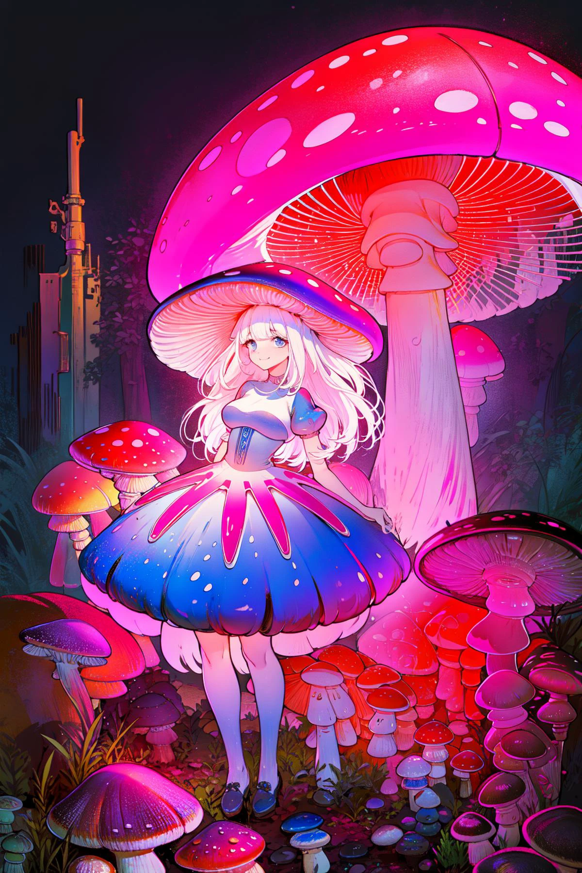 extremely detailed CG unity 16k wallpaper,best quality,extreme quality,masterpiece,ultra-detailed,illustration,detailed light,an extremely delicate and beautiful,trim,incredibly absurdres,ray tracing,reflection light,
clear night sky,outside,beautiful,pretty,
mushrooms field, thousand of mushrooms, colorful mushrooms, mushrooms around, various mushrooms,stunning,attractive,fantastic scenery,pure,clear,glowing plant,holy,ethereal
<lora:Mushroom_Girl:0.9> (1girl,white hair,mushroom Girl:1.4), long hair, smile, large breasts