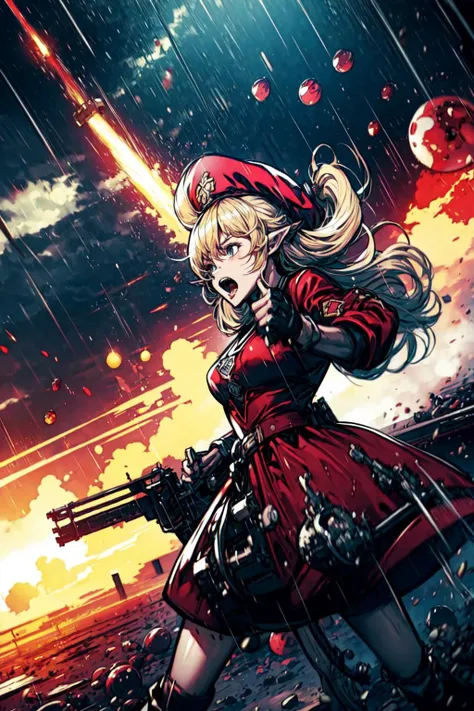 1girl, solo, screaming, dynamic pose, it's raining bombs, red round bombs, explosions, <lora:Adult_Klee_Genshin:0.7>, Adult_Klee_Genshin, pointy ears, red hat, blonde, outdoors, medieval town, <lora:add_detail:0.7>,  <lora:gatling_gun_lora01:1> gatling gun,